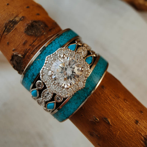 5pc Sterling Silver Round Moissanite Vintage Turquoise Wedding Ring Set