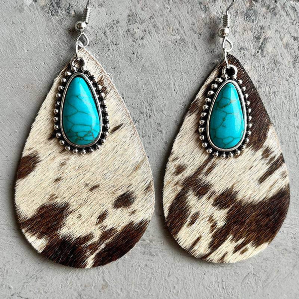 Western Cows Print Turquoise Drops Earrings