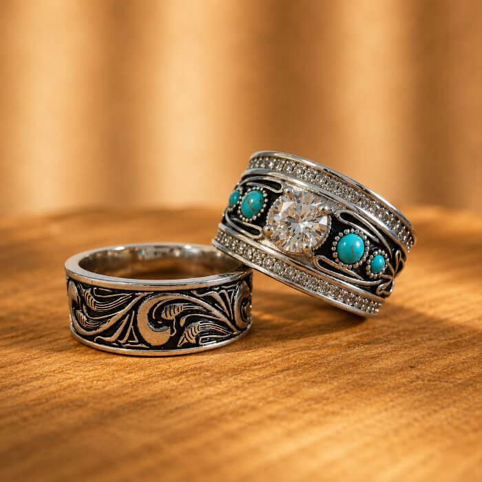 Western Style Rings Western Turquoise Bridal Ring Set – Round Cut Wedding Set – Retro Turquoise