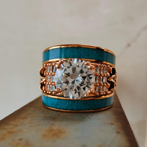 3pc Lily Flower Round Cut Diamond Western Rose Gold  Turquoise Wedding Rings