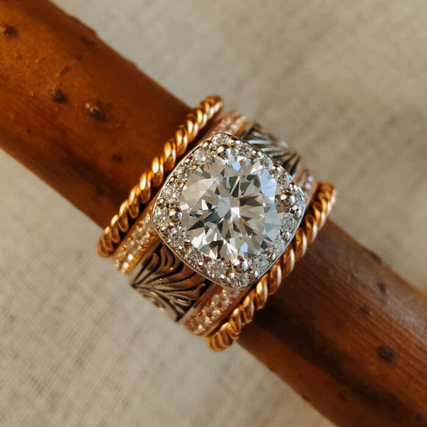 5pc Rose Gold Twist Flower Engraved Western Engagement Rings  