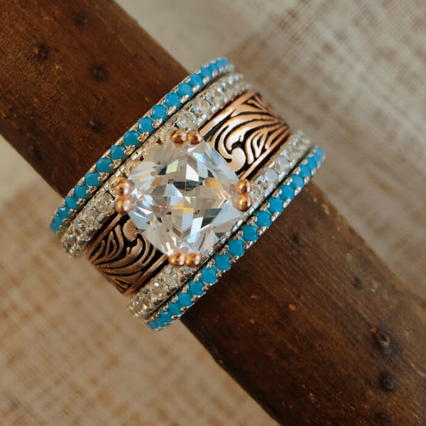 5pc Radiant Cut Rose Gold Western Style Engagement Rings with Turquoise