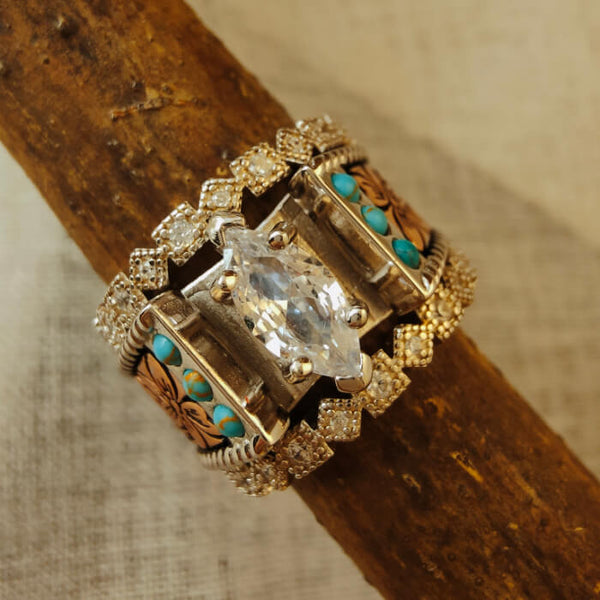 3pc Retro Marquise Cut Diamond Western Female Vintage Turquoise Rings