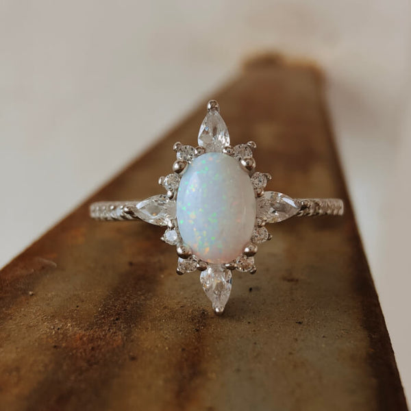 Sterling Silver Vintage Oval White Opal Engagement Rings for Women