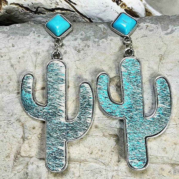 Vintage Western Square Turquoise Cactus Earrings