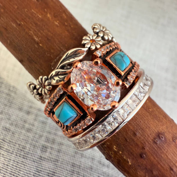 3pc Rose Gold Sunflower Vintage Diamond Turquoise Wide Band Rings