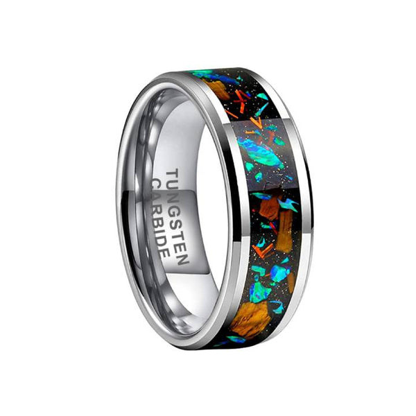 8mm Tungsten Black Tiger Eye Opal Men's Band Ring
