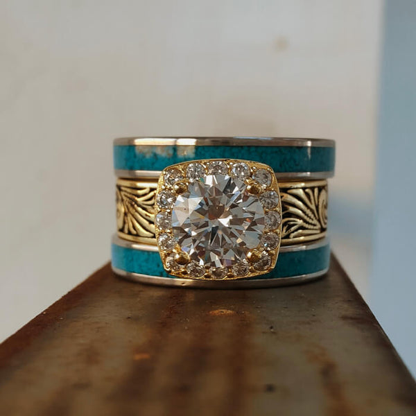 3pc 14k Gold Engraved Turquoise Western Rings