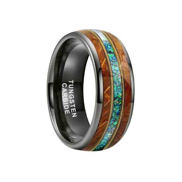 8mm Black Tungsten Wood Green Opal Men's Band Ring