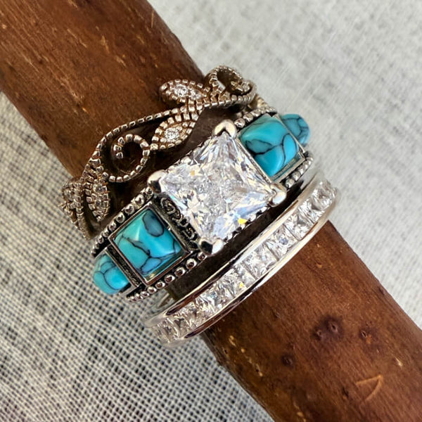 3pc Western Wide Band Square Turquoise Woman Wedding Set