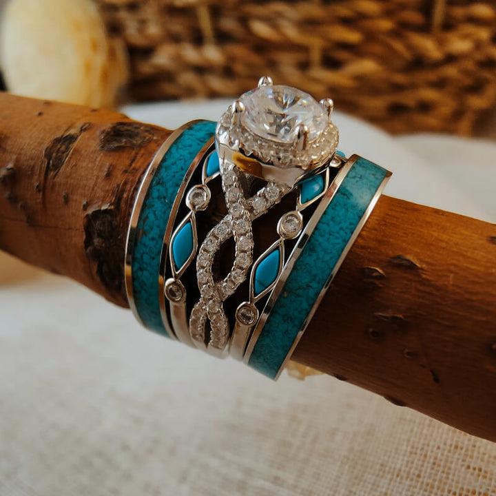 5-piece sterling silver engagement ring set with moissanite and turquoise inlays
