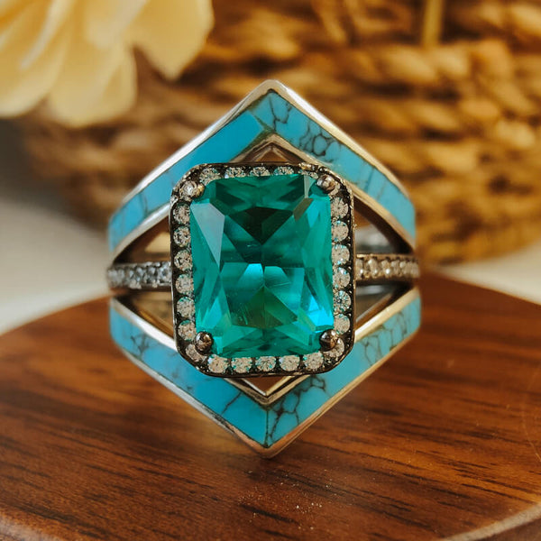 Sterling Silver Turquoise V Band  Square Cut Emerald Ring Set