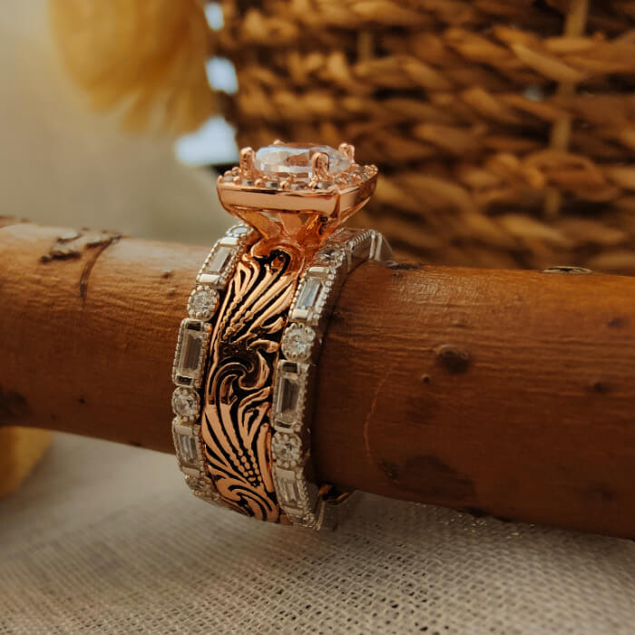 Vintage 3pc Western promise ring set with round moissanite and engraved bands.