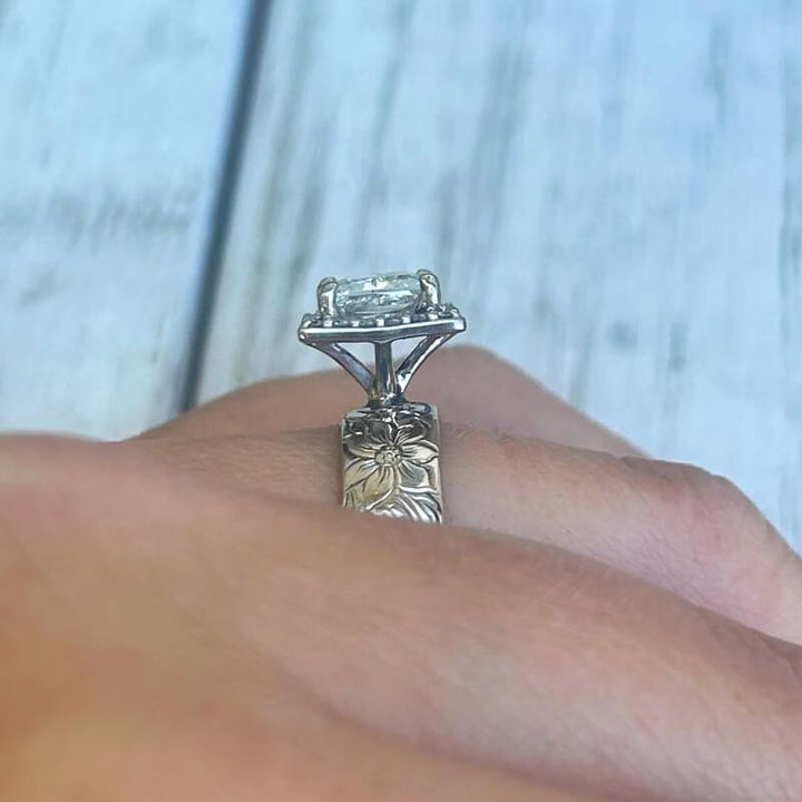 Western engagement ring with square zircon stone and floral engraved band