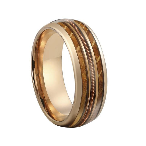 Mens Tungsten Oak Inlay Guitar String Gold Wood Band Ring