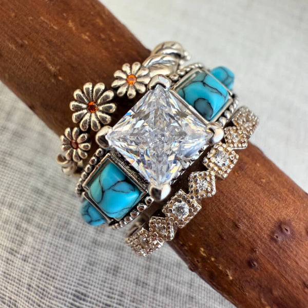 3pc Sunflower Square Turquoise Wide Band Woman Wedding Set