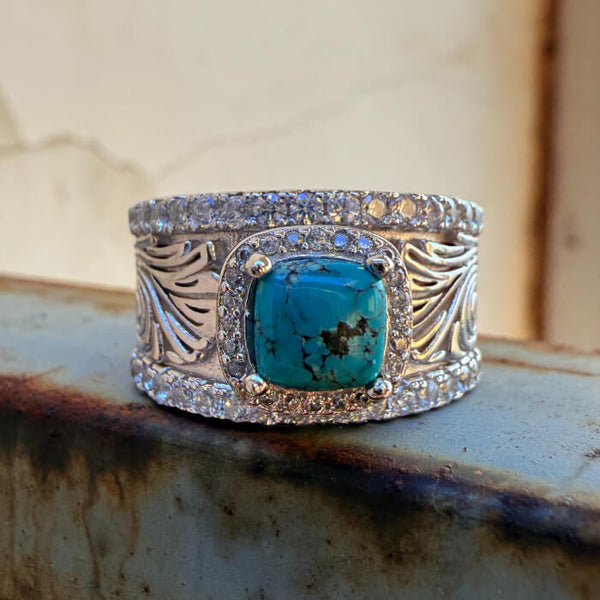 Diamond Engraved Turquoise Western Wedding Ring for Women