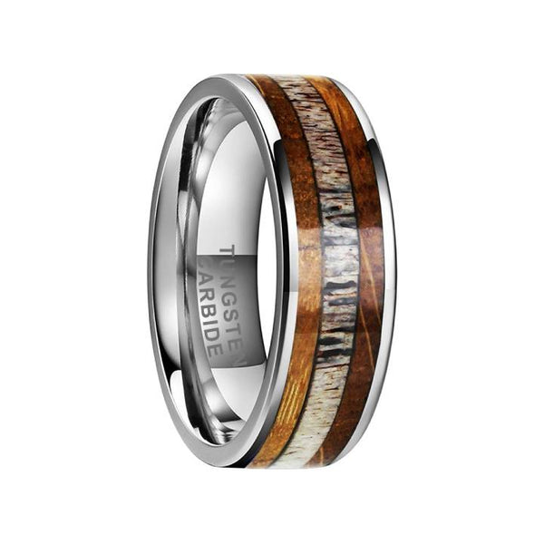 8mm Tungsten Antler Wood Triple Inlay Men's Band Ring
