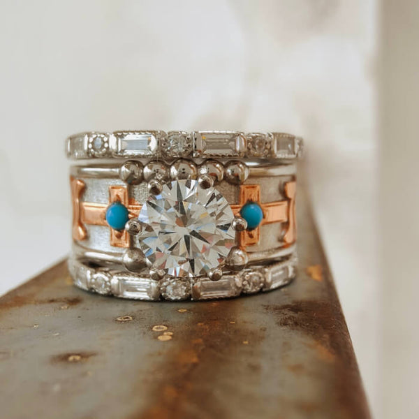 3pc Vintage Cross Flower Turquoise Western Style Engagement Rings