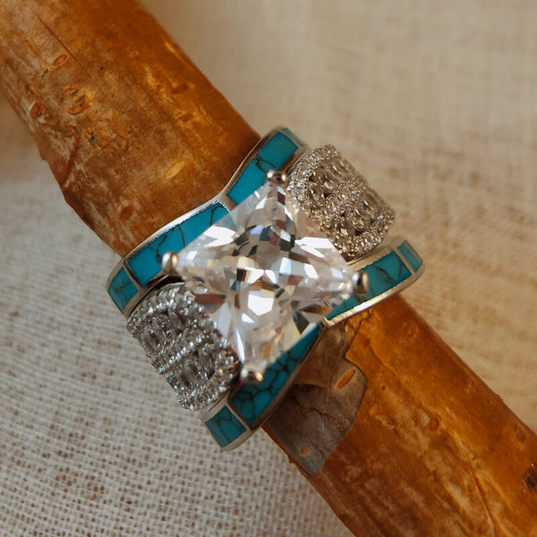 Sterling Silver  Princess Cut Diamond Turquoise Wedding Ring