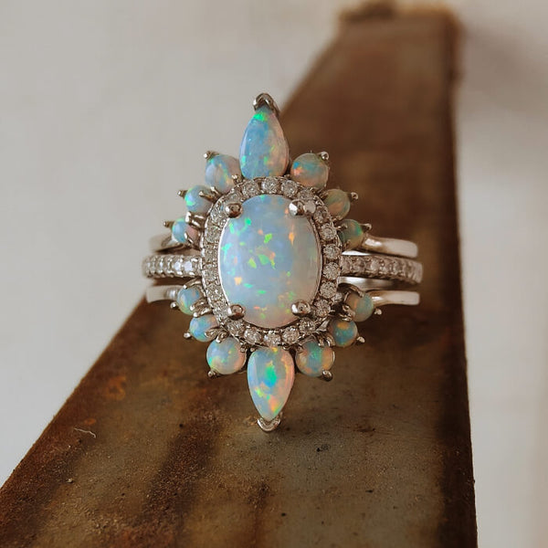 3pc Sterling Silver Oval White Opal and Diamond Ring