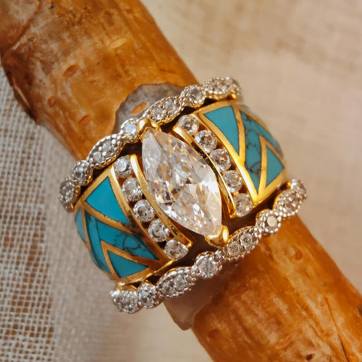 3pc sterling silver wave diamond turquoise ring with gold accents