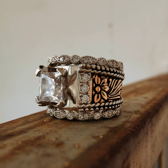 Western Style Rings 3pc Rose Gold Vintage Flower Western Engagement Ring for her – Retro ...