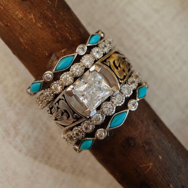 5pc Vintage Flower Engraved Turquoise Western Wedding Ring Set for Women