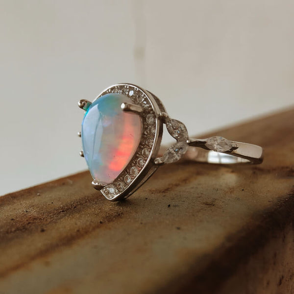 Sterling Silver Vintage Plant Pear White Opal Engagement Rings