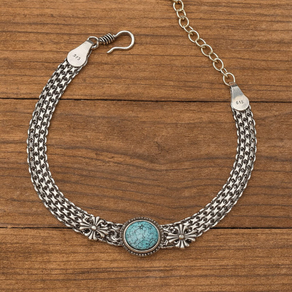 Heavy Woven Silver Turquoise Bracelet – Gothic Floral Cross & Mesh Chain Design