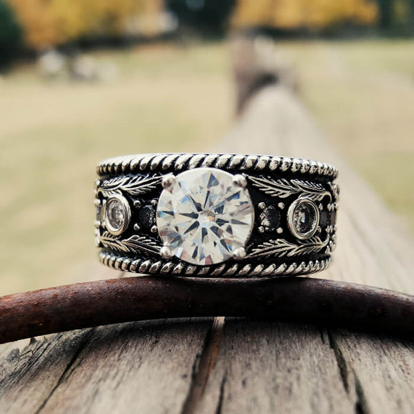 Western Silver Engraved Ring – Vintage Statement Engagement Band for Women