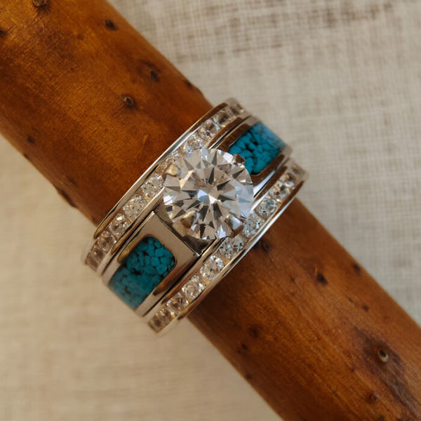 3pc Sterling Silver Round Diamond Shinning Crush Turquoise Wedding Rings
