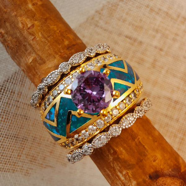 3pc Sterling Silver Vintage Purple 18k Gold Opal Diamond Ring