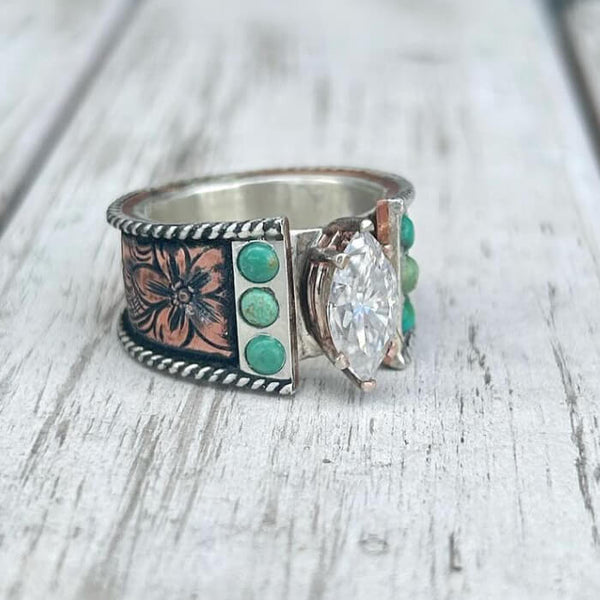 Flower Engraved Rose Gold Diamond Turquoise Rings