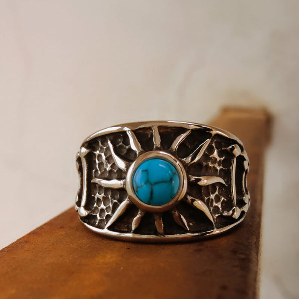 Women Sunshine Steel Round Turquoise Band Ring