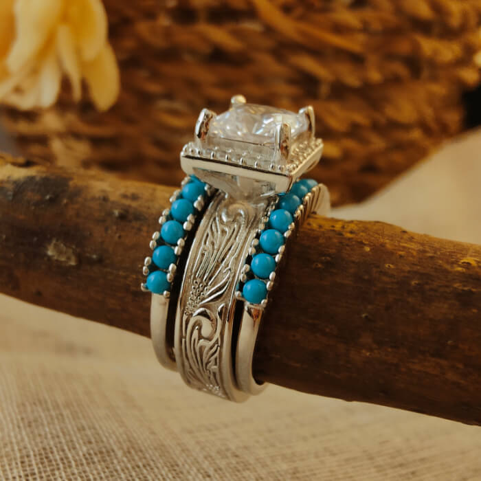 3-piece Western promise ring set with princess cut diamond and turquoise bead band