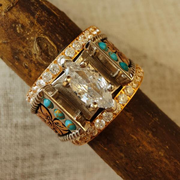 3pc Retro Marquise Cut Rose Gold Western Turquoise Rings