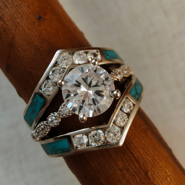 3pc Sterling Silver and Turquoise Ring With Diamond