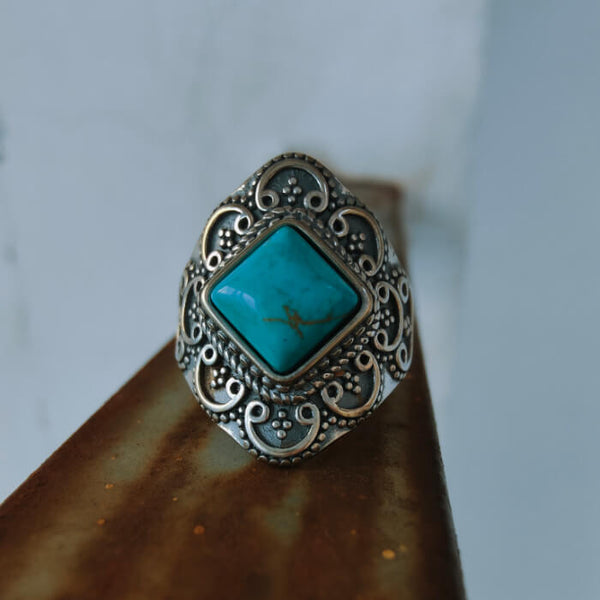 Women Engraved Vintage Square Turquoise Rings