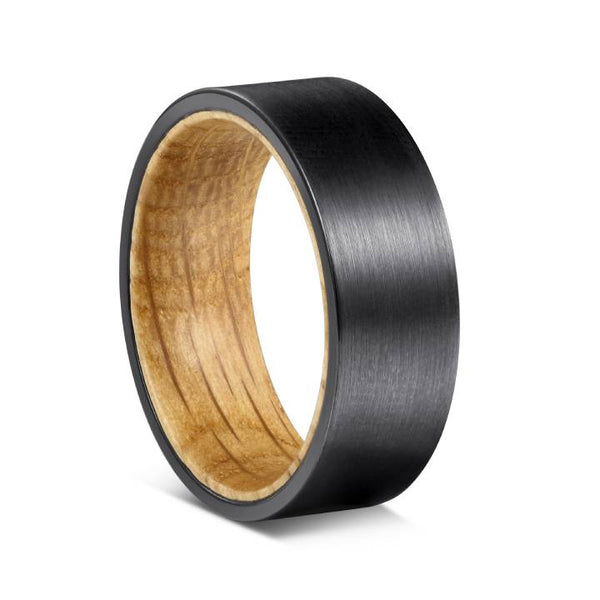 Mens Tungsten White Oak Inlay Black Wood Band Ring