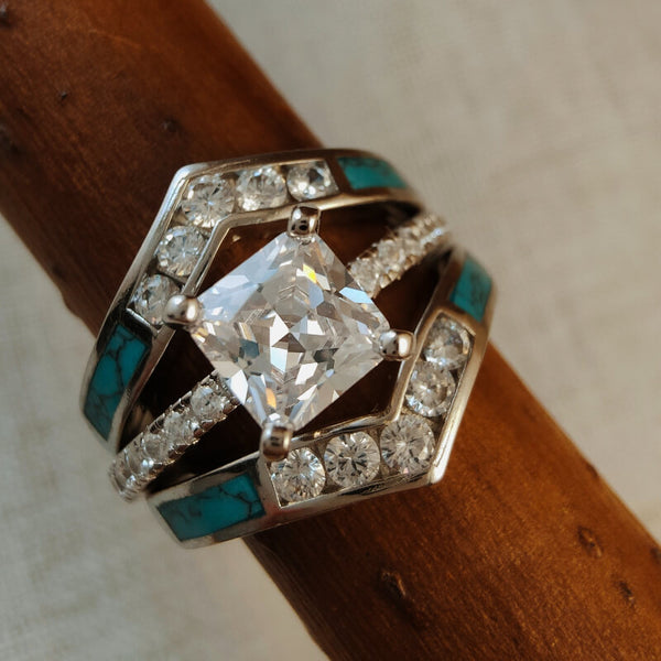 3pc Sterling Silver Square Turquoise and Diamond Engagement Ring