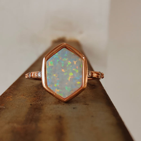 Sterling Silver Geometry White Opal Engagement Ring