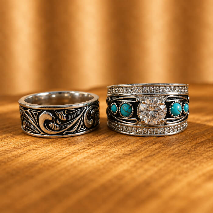 Western Style Rings Western Turquoise Bridal Ring Set – Round Cut Wedding Set – Retro Turquoise