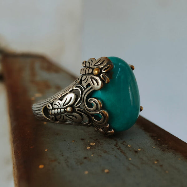 Slide Butterfly Engraved Oval Women Turquoise Rings