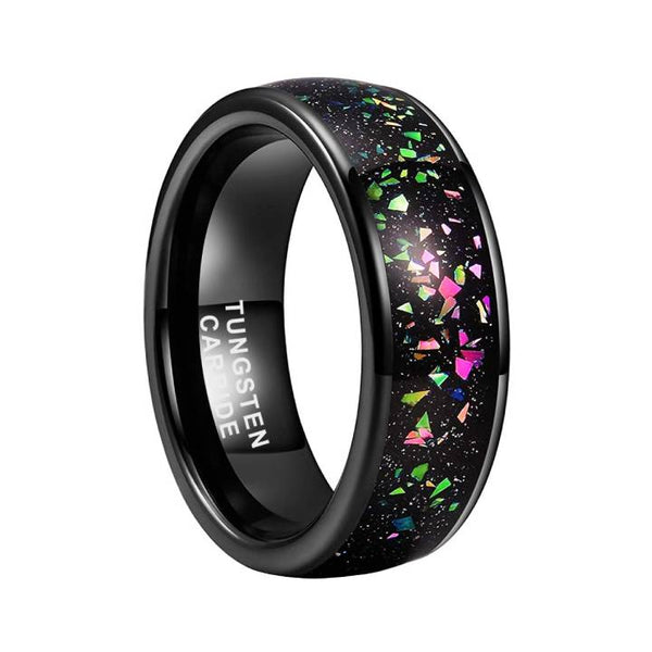 8mm Black Tungsten Colorful Opal Men's Band Ring