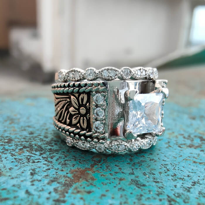 Western Style Rings 3pc Rose Gold Vintage Flower Western Engagement Ring for her – Retro ...