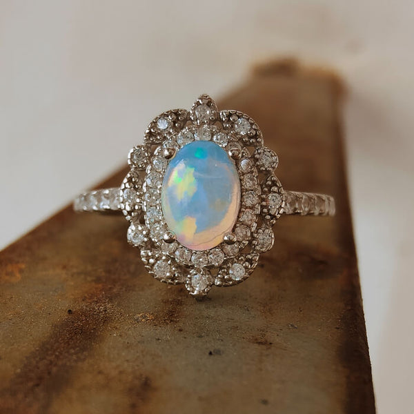 Sterling Silver Vintage Plant Oval White Opal Engagement Rings