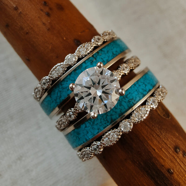 5pc Sterling Silver Vintage Round Diamond Turquoise and Diamond Ring