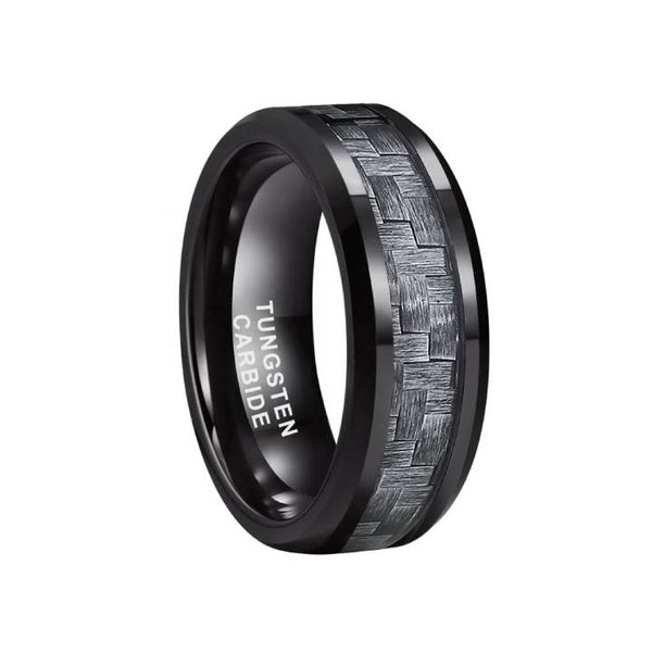 8mm Black Tungsten Grey Carbon Fiber Men's Band Ring