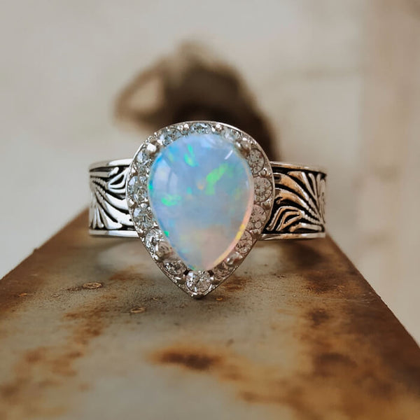 Western Pear Cut White Opal Diamond Engagement Rings for Women